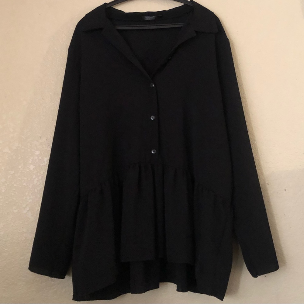 Boohoo US Size 16 Black Peplum Hem Button Down Long Sleeve Shirt